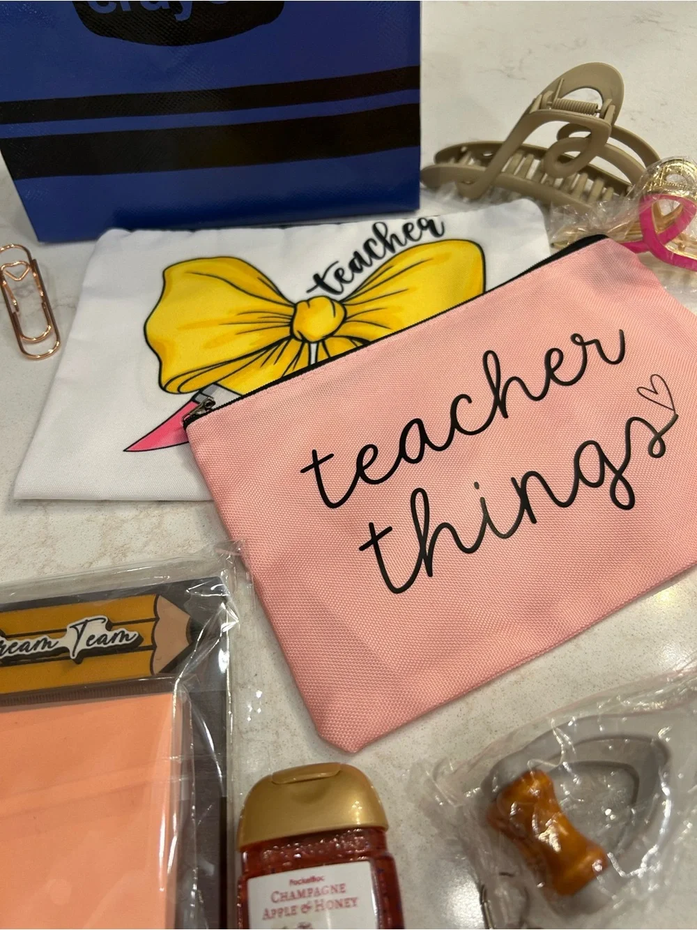 Crayon Blue Kids Tote with Pink 'Teacher Things' Pouch and School Accessories